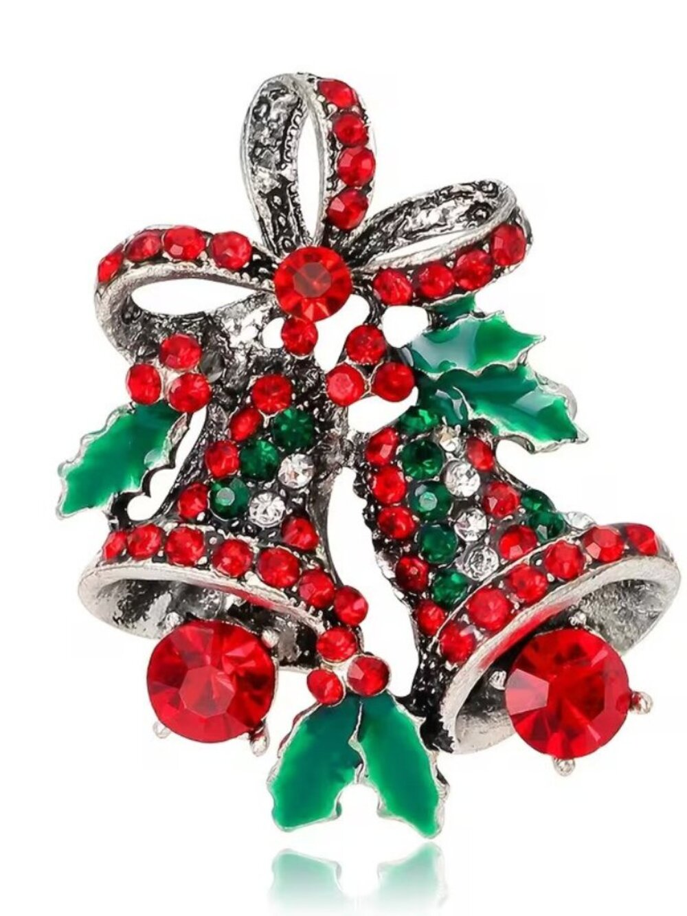 Exquisite Seasonal Yule Time Holiday Xmas Bell & Bow Brooch w Rhinestones